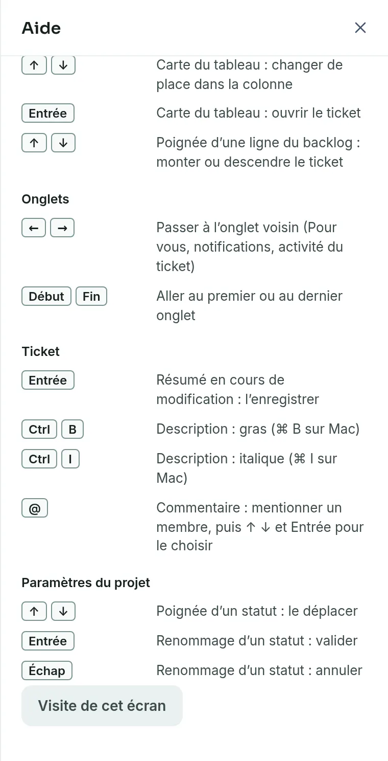 Le panneau Aide ouvert à droite de l’écran, avec le bouton Visite de cet écran en bas, sous les raccourcis clavier.
