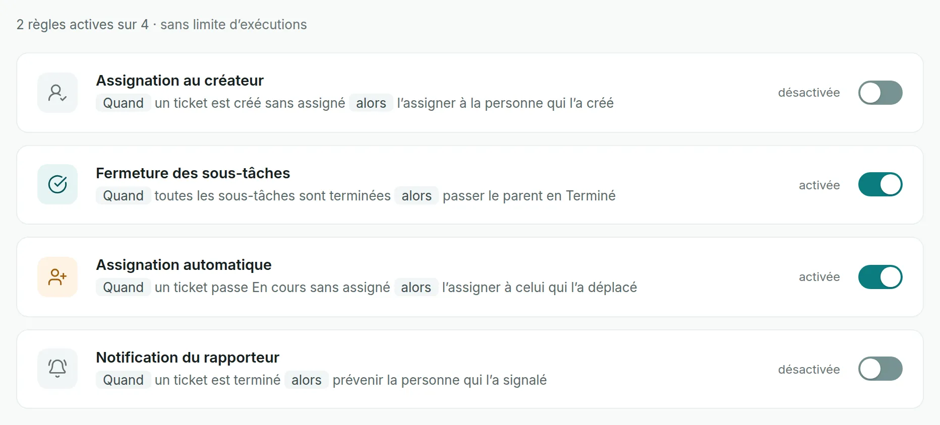 L’onglet Automatisations, avec le résumé 2 règles actives sur 4 et les quatre règles, chacune avec sa phrase Quand… alors…, son état et son interrupteur.