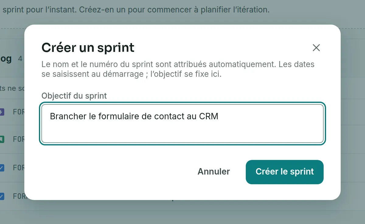 La fenêtre « Créer un sprint », avec le champ Objectif du sprint et le bouton Créer le sprint.