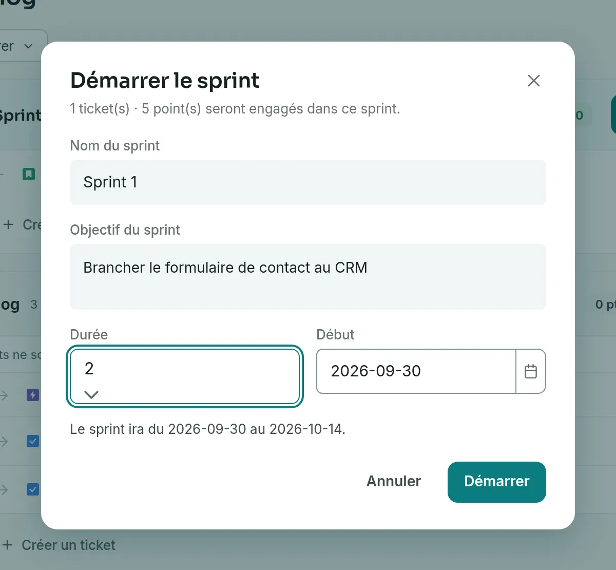 La fenêtre « Démarrer le sprint » : tickets et points engagés, nom, objectif, durée de deux semaines et date de début.