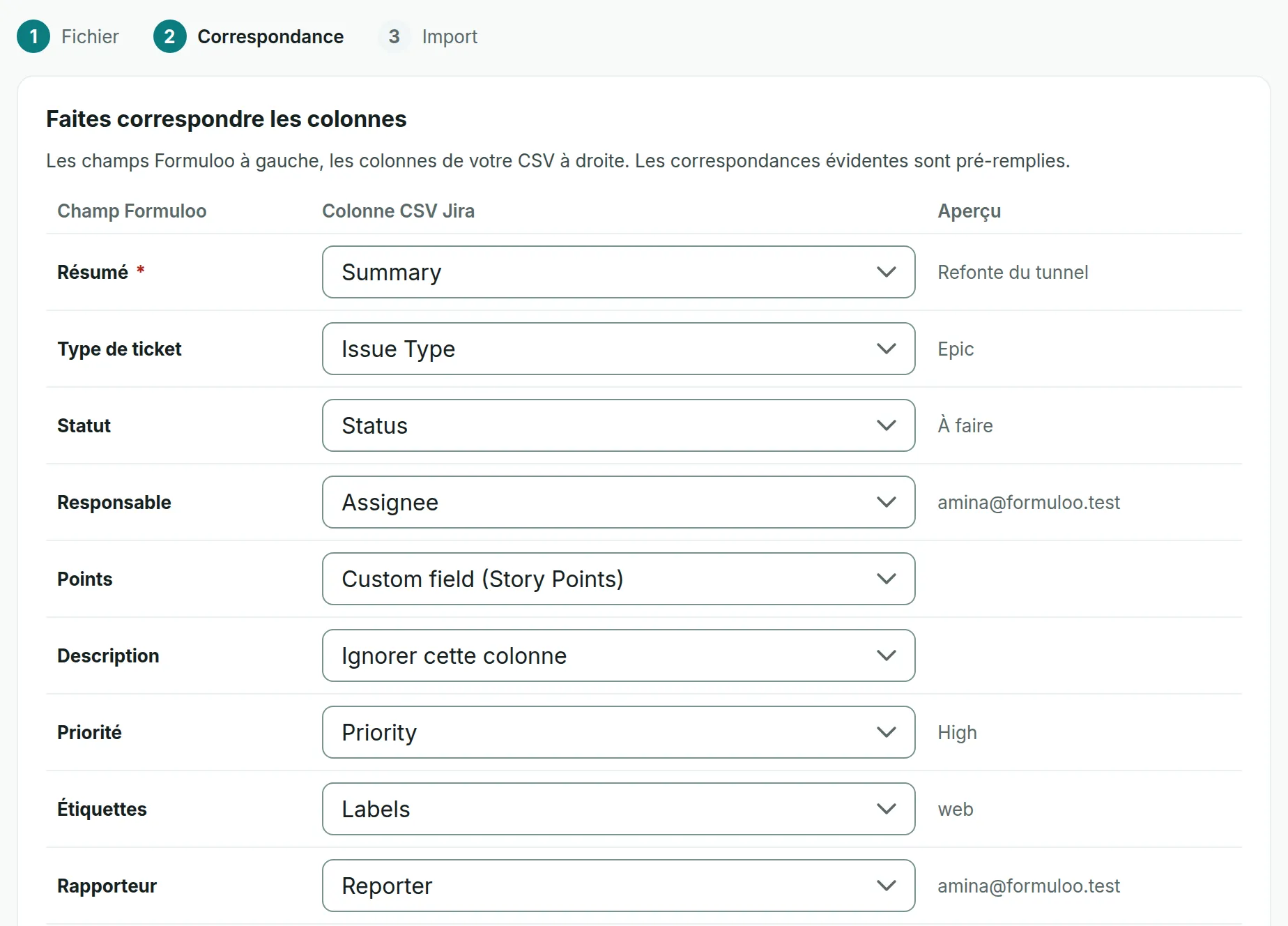 L’étape Correspondance de l’import, qui donne pour chaque champ Formuloo la colonne CSV Jira choisie et la valeur de la première ligne du fichier.