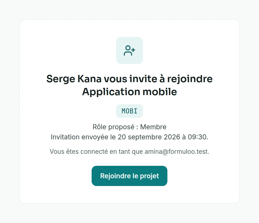 La page d’invitation où Serge Kana invite à rejoindre Application mobile, avec le rôle proposé Membre et le bouton Rejoindre le projet.