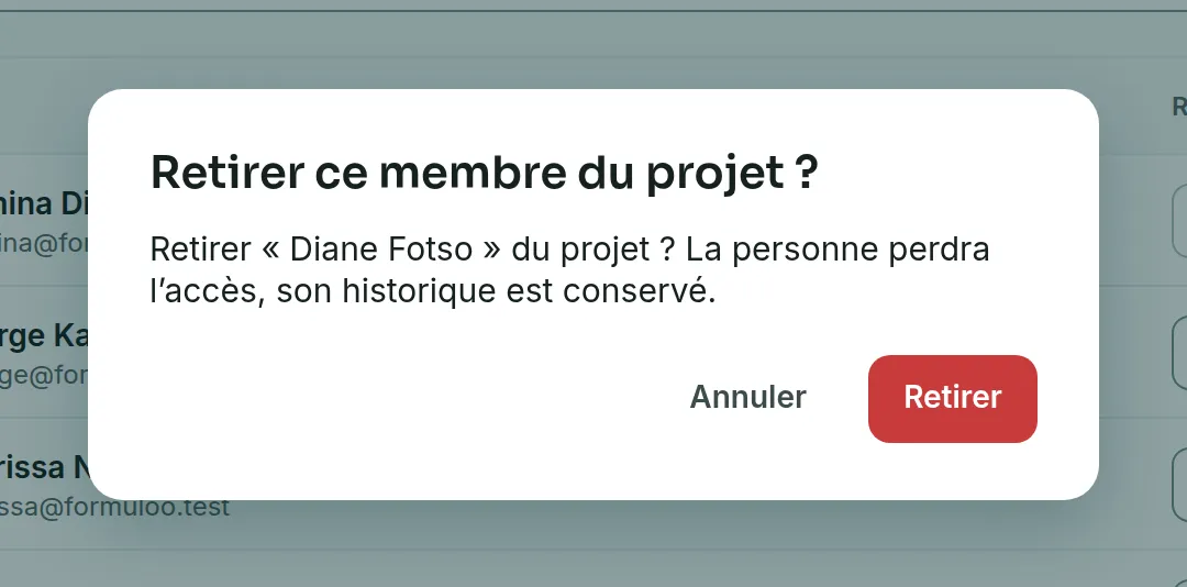 La fenêtre de confirmation du retrait de Diane Fotso, avec les boutons Annuler et Retirer.