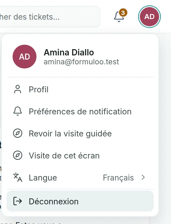 Le menu du compte ouvert sous l’avatar, avec l’entrée Déconnexion en bas.