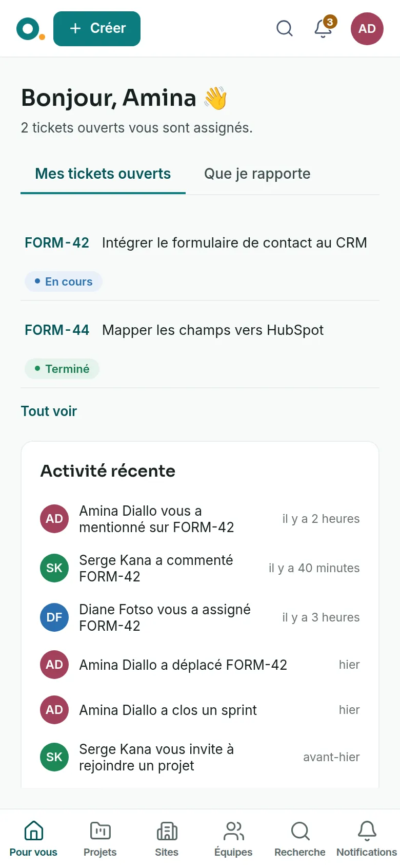 La page « Pour vous » sur un téléphone, avec les onglets de tickets en haut de l’écran.