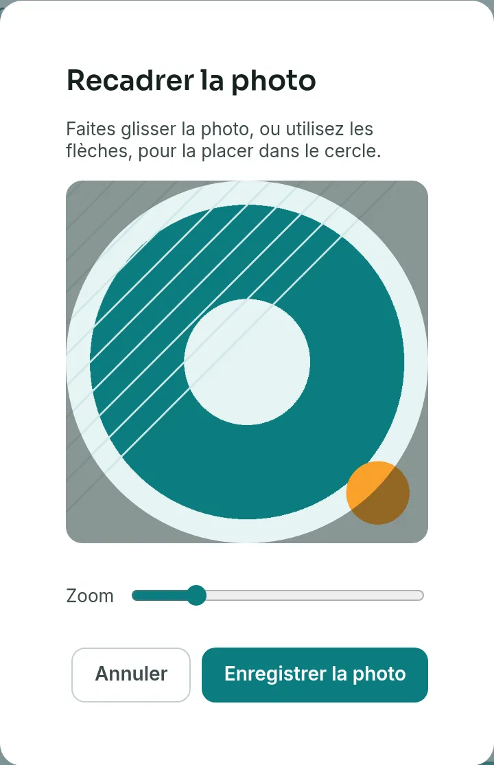 La fenêtre Recadrer la photo, avec l’image sous un cadre rond, le curseur Zoom et les boutons Annuler et Enregistrer la photo.