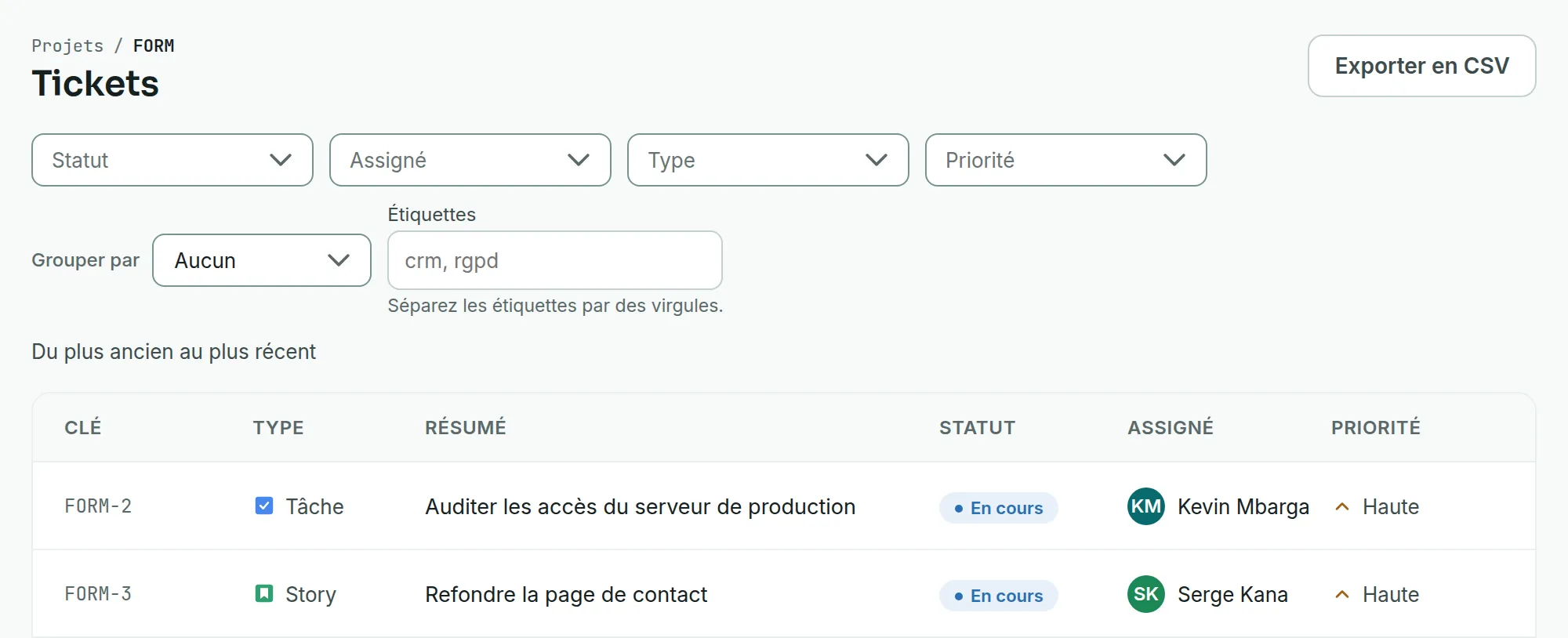 L’écran Tickets du projet FORM, avec le bouton Exporter en CSV en haut à droite, les filtres de la liste et ses premières lignes.