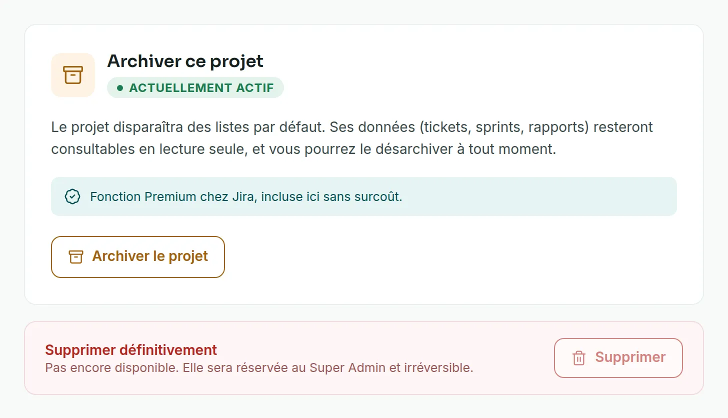 L’onglet Archivage d’un projet actif, avec le bouton Archiver le projet et le bloc Supprimer définitivement, pas encore disponible.