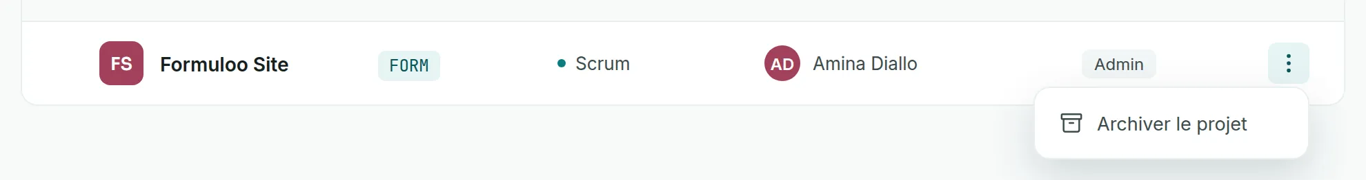 Le menu ⋮ du projet Formuloo Site, ouvert sur l’entrée Archiver le projet.