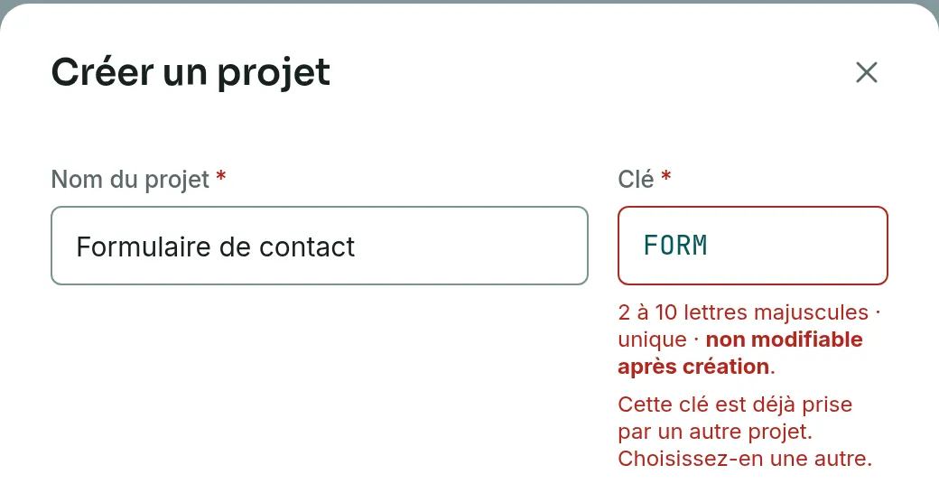 Le champ Clé en erreur avec la clé FORM, et le message qui dit que cette clé est déjà prise par un autre projet.