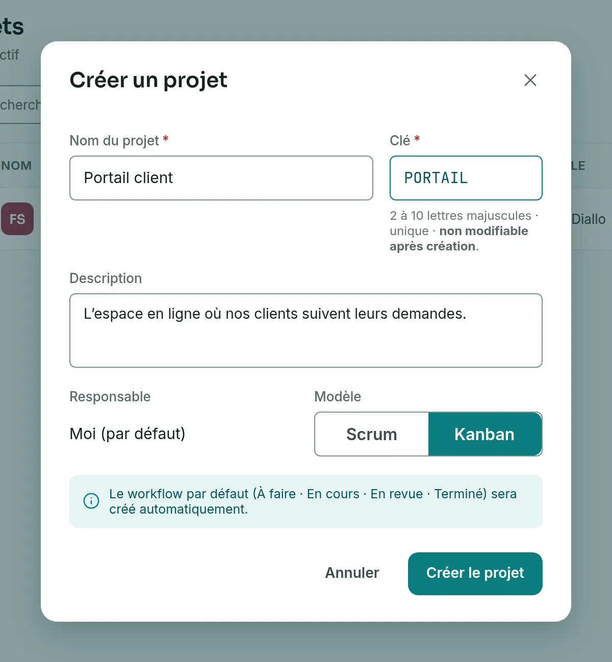 La fenêtre Créer un projet remplie pour le projet Portail client, clé PORTAIL, avec une description, le responsable Moi (par défaut) et le modèle Kanban.