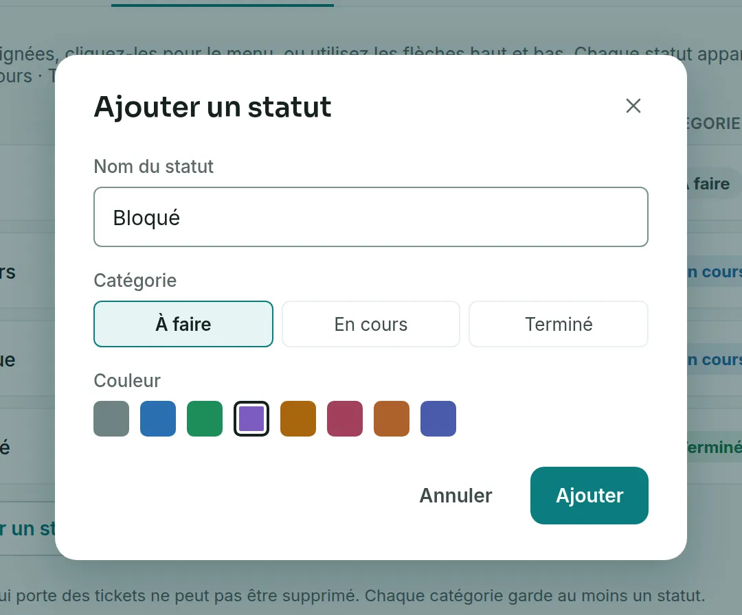 La fenêtre Ajouter un statut avec le nom Bloqué, la catégorie À faire et la teinte Prune choisies.