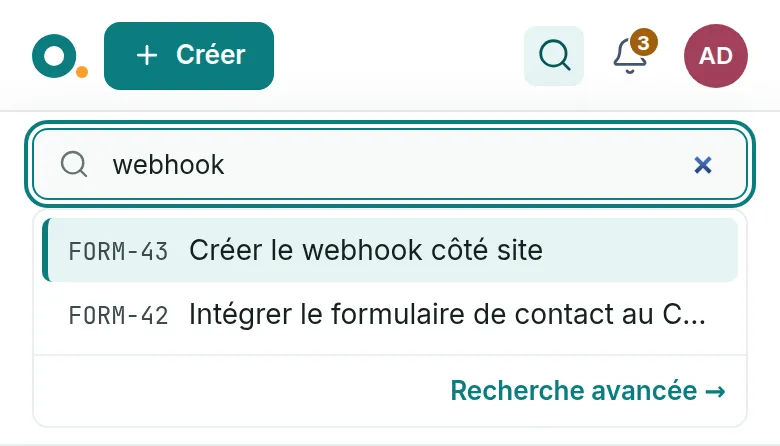 Sur un téléphone, la loupe de la barre a ouvert le champ sous la barre, et « webhook » y trouve FORM-43 et FORM-42.
