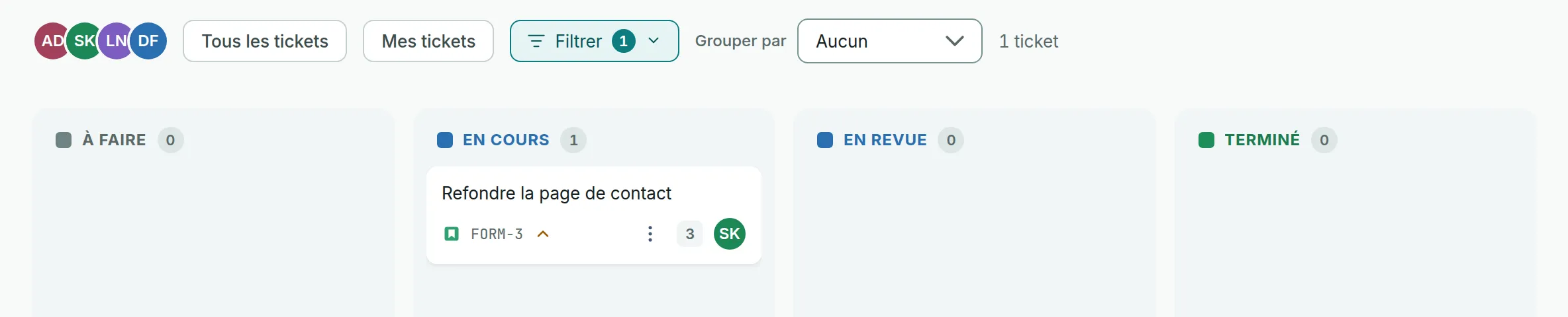 Le tableau filtré sur l’équipe Support, avec le bouton Filtrer marqué 1, le compte 1 ticket et la seule carte FORM-3 dans la colonne En cours.