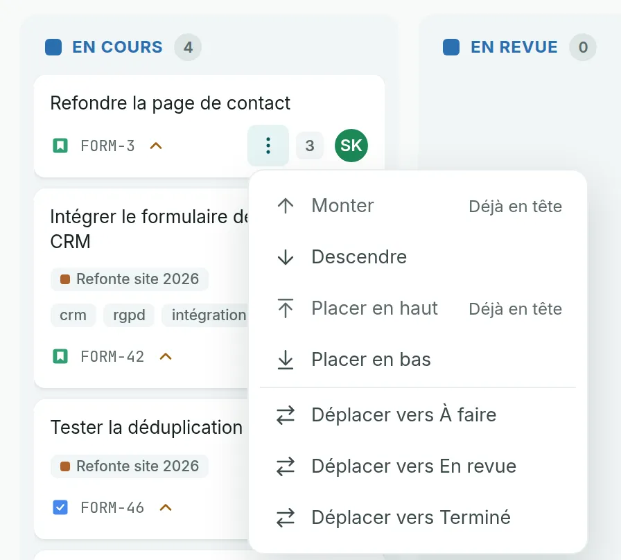 Le menu d’une carte ouvert, avec Monter, Descendre, Placer en haut, Placer en bas et Déplacer vers chacune des autres colonnes.