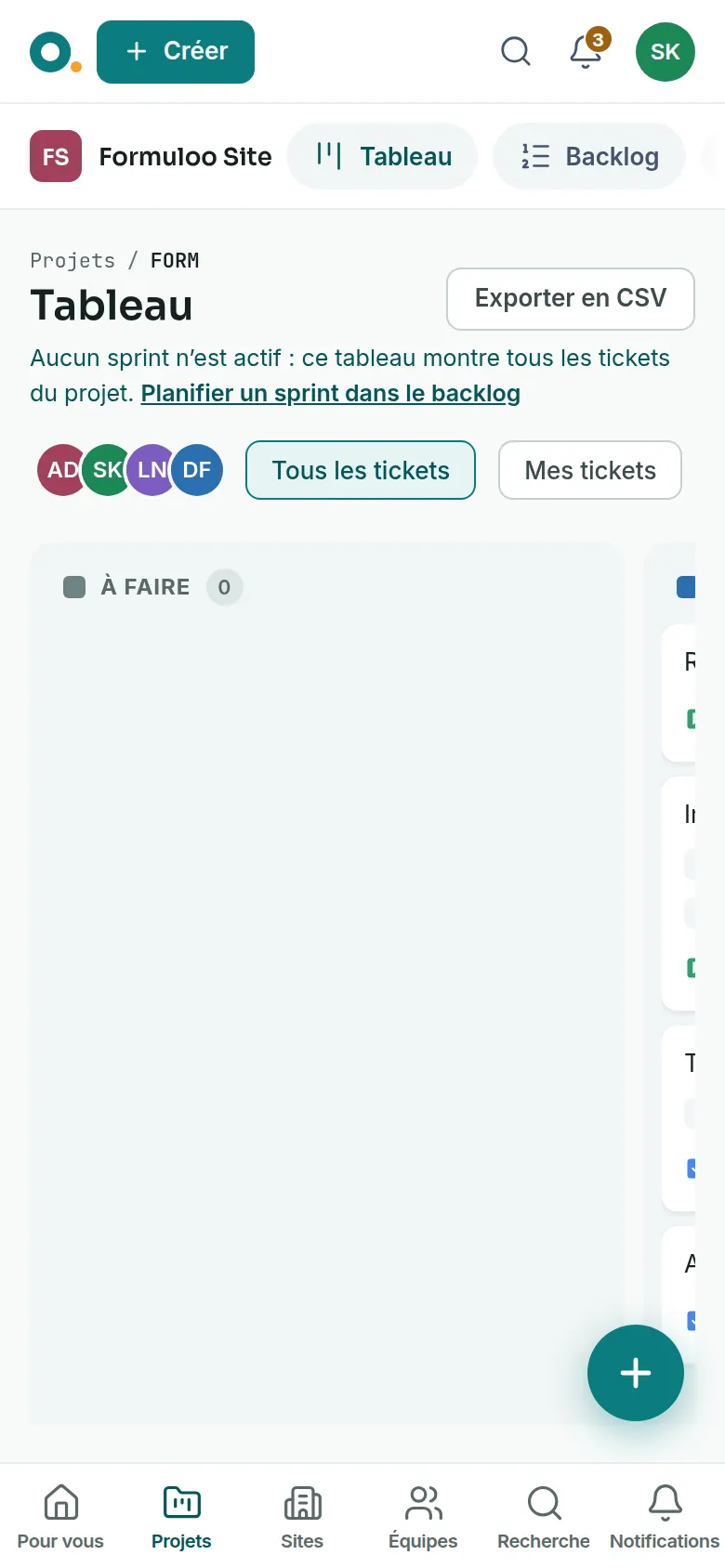 Le tableau sur un téléphone, avec le bouton rond + en bas à droite de l’écran.