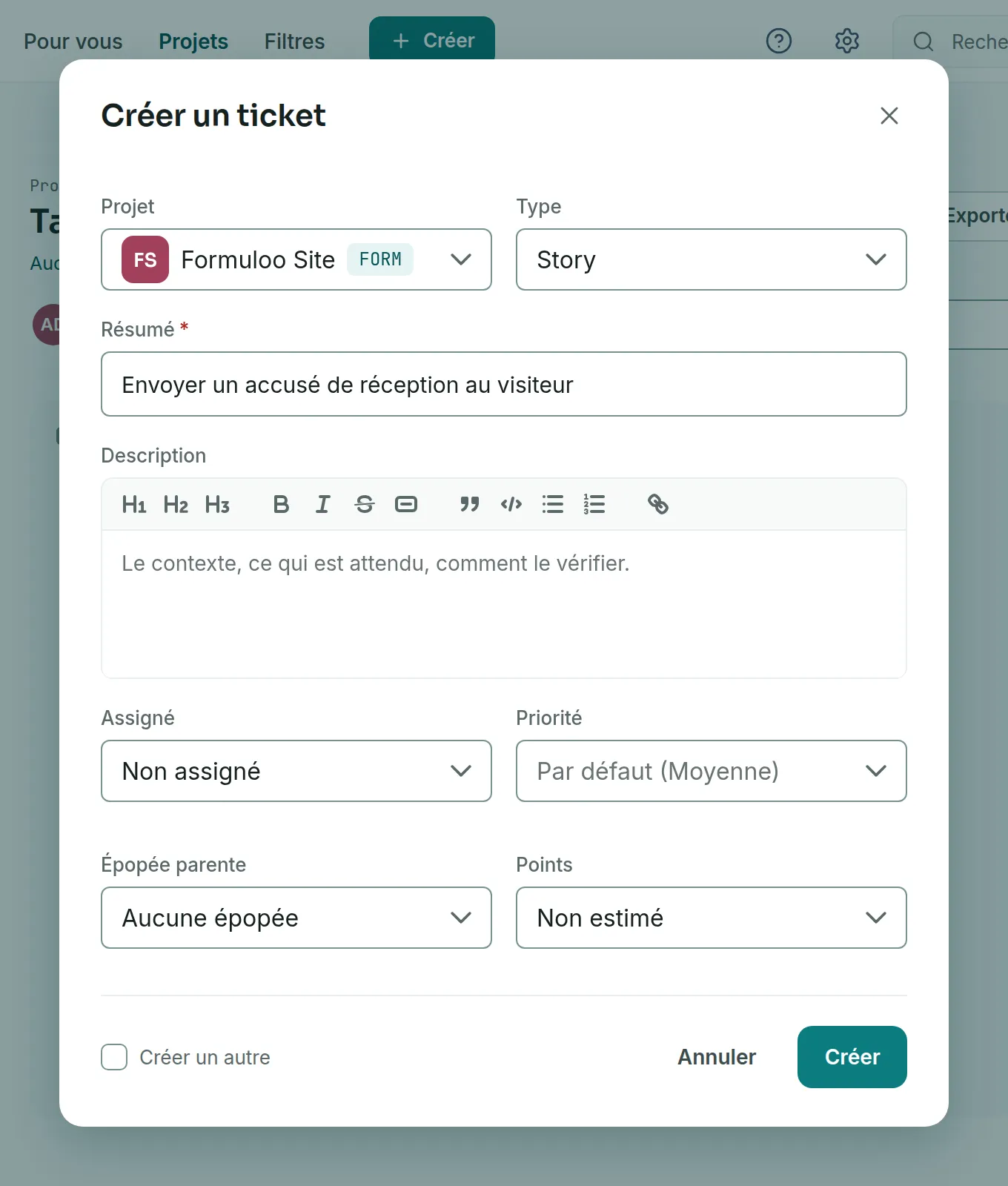 La fenêtre Créer un ticket avec un résumé saisi, le projet Formuloo Site, le type Story, l’assigné, la priorité par défaut, l’épopée parente et les points.