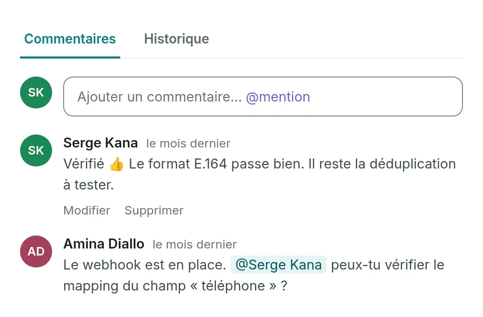 Le fil de commentaires de FORM-42 sous l’onglet Commentaires, avec Modifier et Supprimer sous le commentaire de Serge Kana.