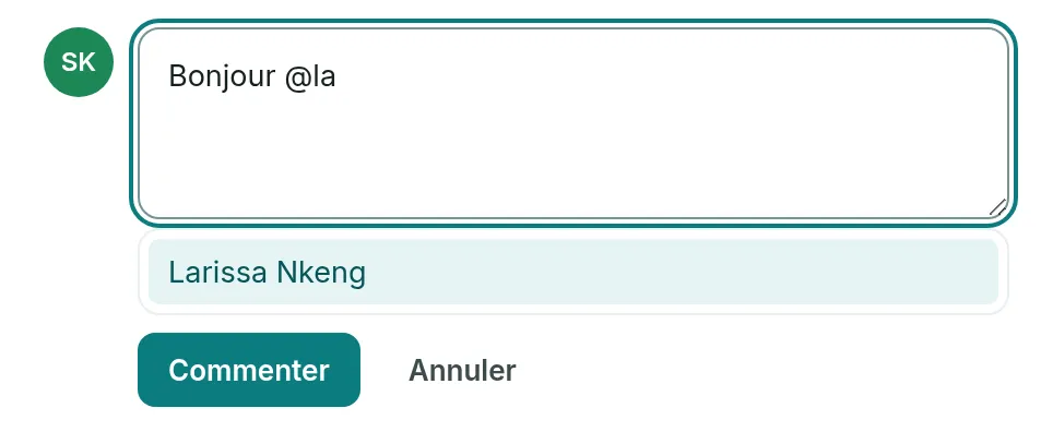 Un commentaire en cours de saisie, Bonjour @la, et la liste qui propose Larissa Nkeng.