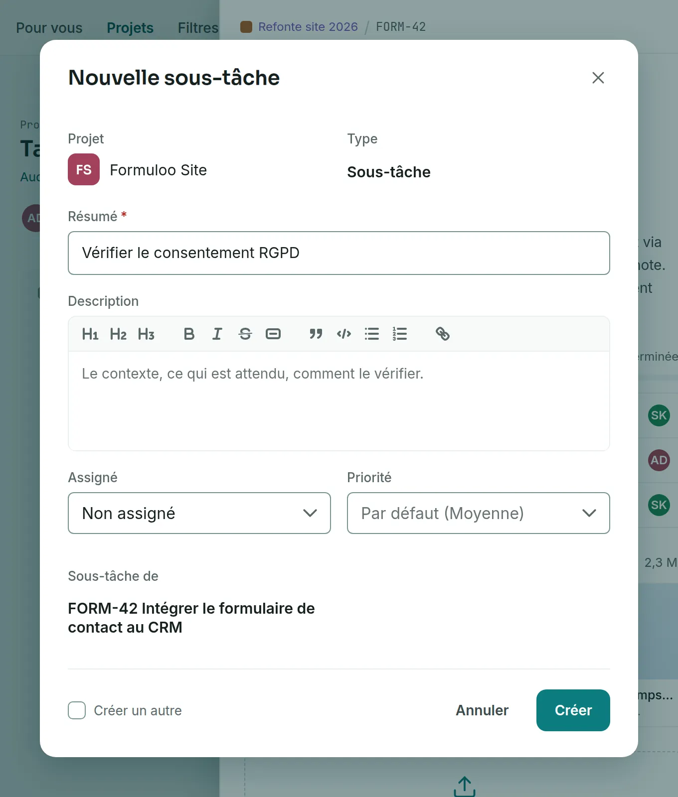 La fenêtre Nouvelle sous-tâche, avec le type Sous-tâche imposé, un résumé saisi et FORM-42 dans Sous-tâche de.