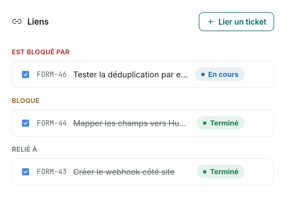 La section Liens de FORM-42 : est bloqué par FORM-46, bloque FORM-44 et relié à FORM-43, chacun avec son statut.